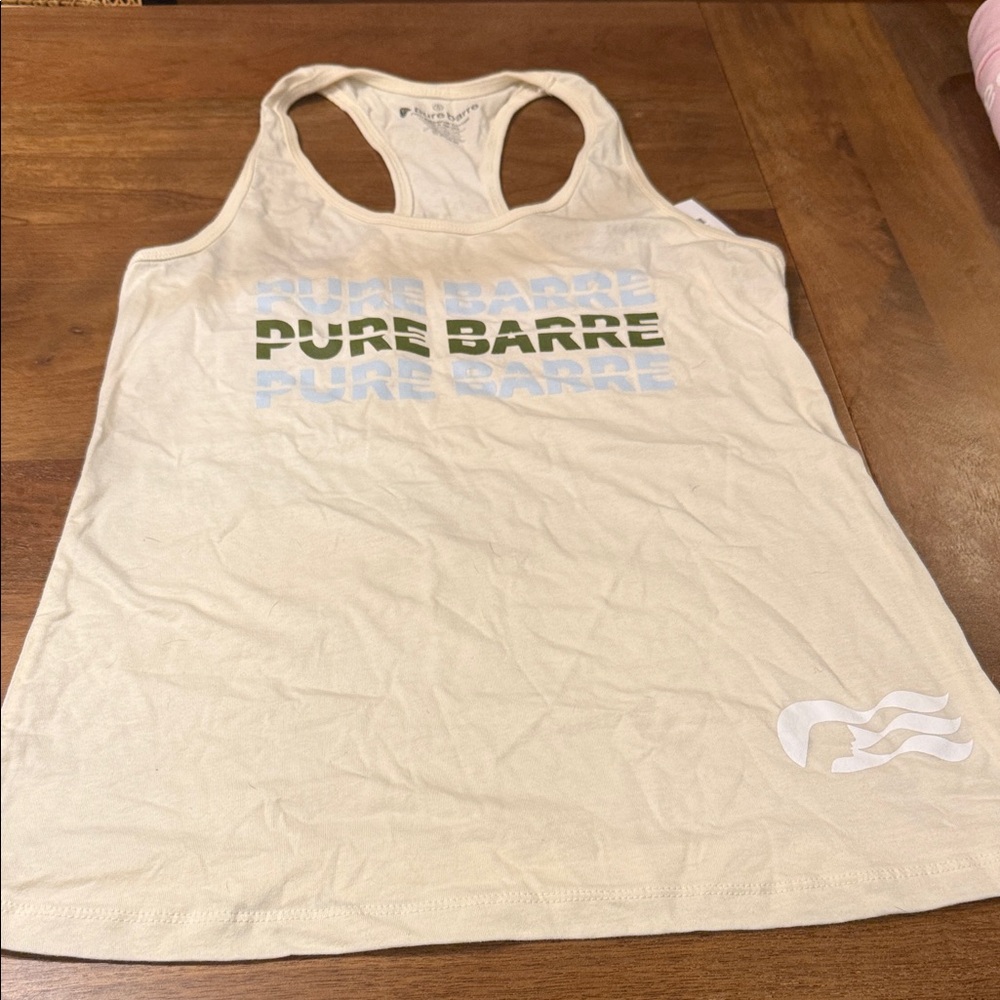 Pure Barre Cream Racerback Tank with Green and Light Blue Logo
